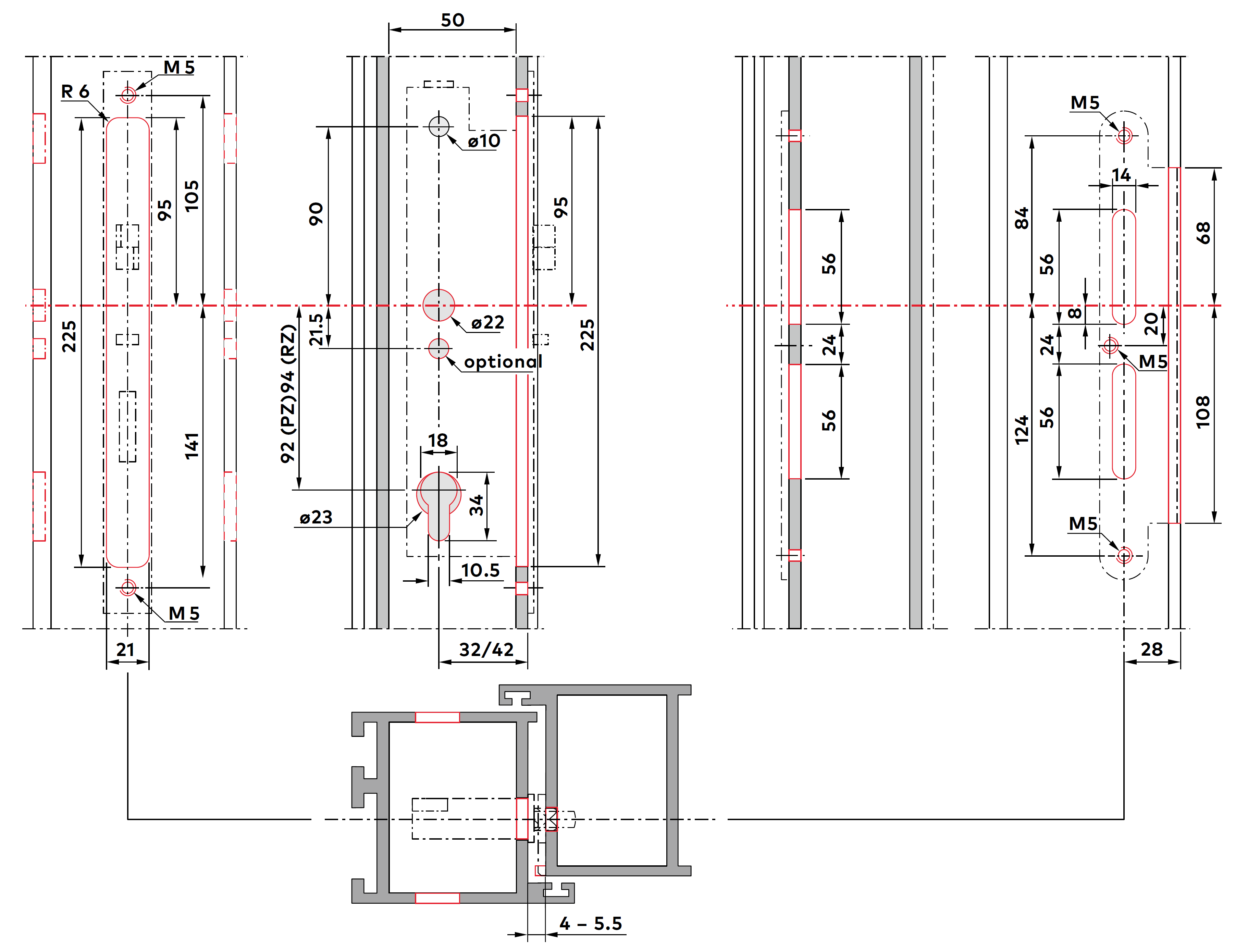 Размеры врезки под корпус замка серии SVP 2000 для лево и правосторонних узкопрофильных дверей и ответную планку