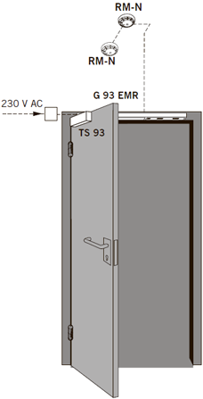 Фиксатор открытого положения на противопожарной или дымозащитной двери, состоящий из: дверного доводчика TS 93 В, скользящего канала G-EMR, а также потолочных датчиков дыма RM-N с каждой стороны двери