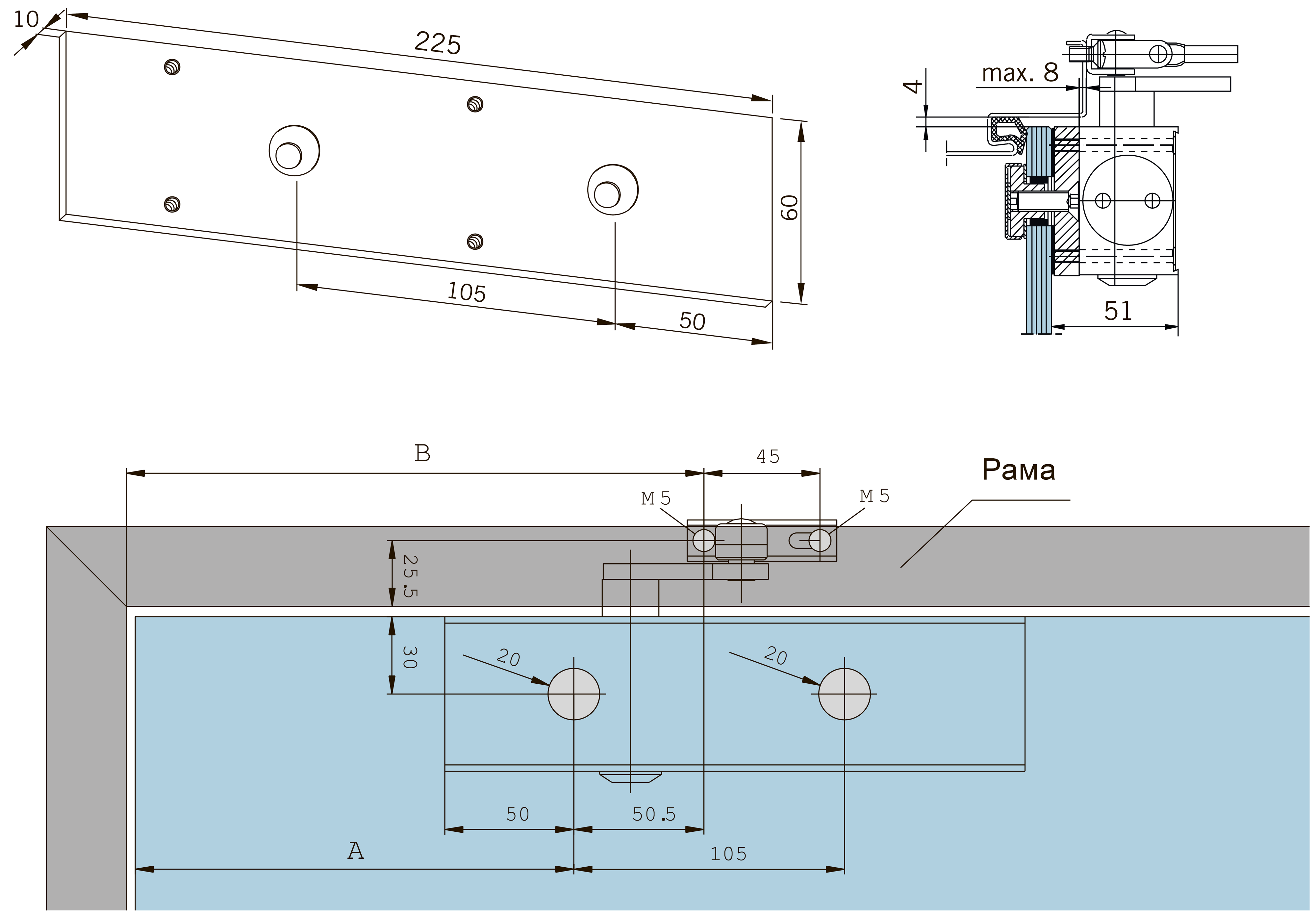 Размеры и способ крепления монтажной пластины для дверного доводчика TS 73 V на стекло