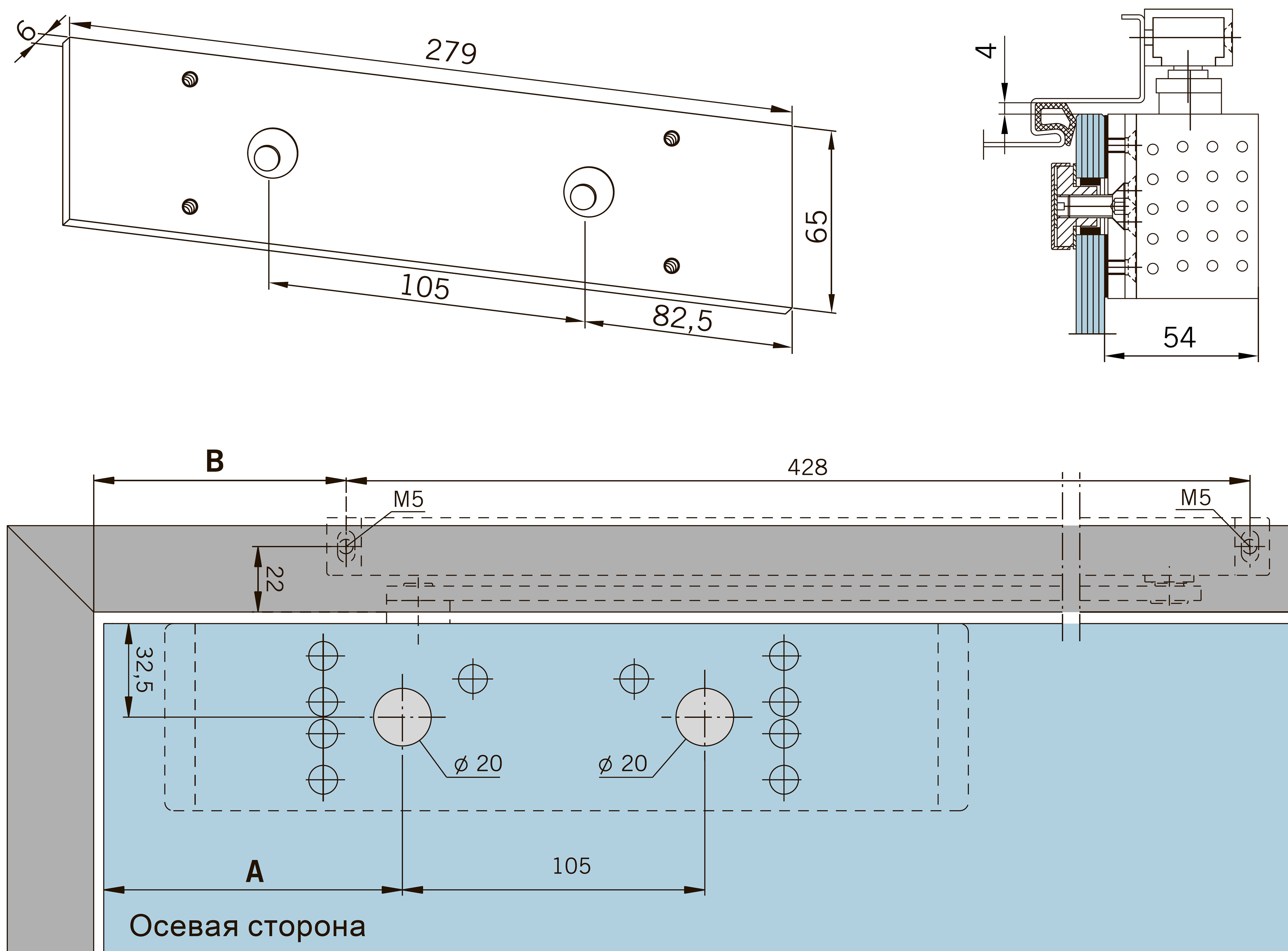Размеры и способ крепления монтажной пластины для дверного доводчика TS 92 на стекло